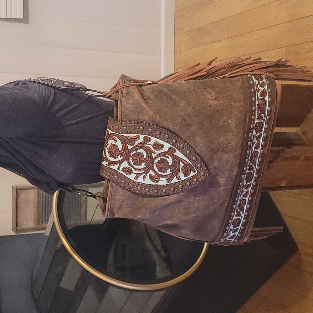 Double J Saddlery Bomber Fringr BIG Tote w/Floral Tooling & Copper Accents